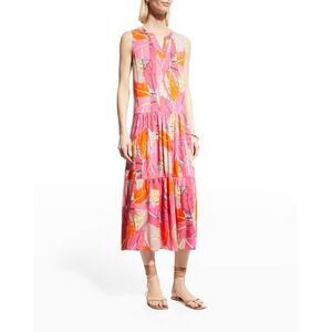 NIC+ZOE S Tiered Midi Dress Linen Blend Pink Leaf Print Tropical Resort NWT